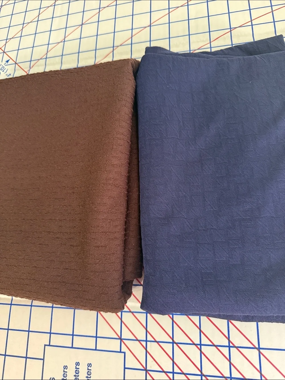 2 Textured Polyester Fabric Remnants Navy Stretch & Brown Textured Woven 1980s